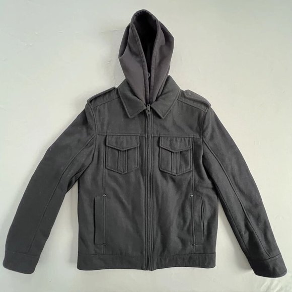 Guess Other - Guess Men Hooded Coat Wool Blend Size MEDIUM Black Full Zip Lined Thermal Jacket